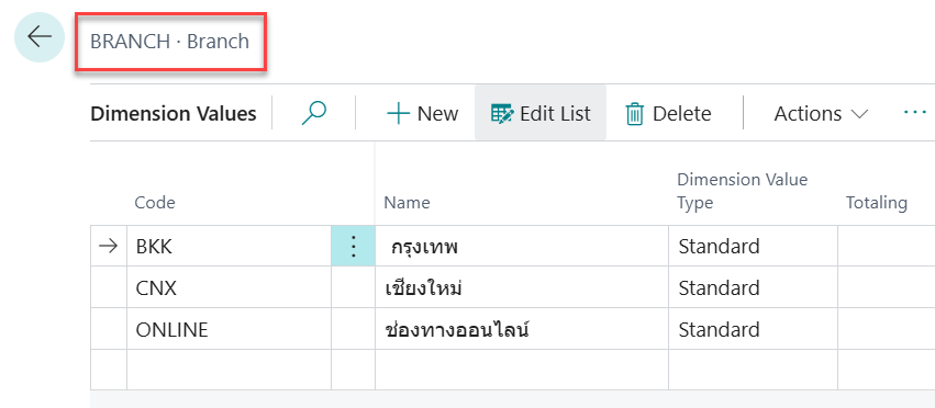 หน้าจอตั้งค่า Dimension value ใน Business Central