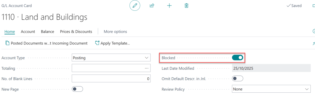 Business Central - G/L Account Blocked