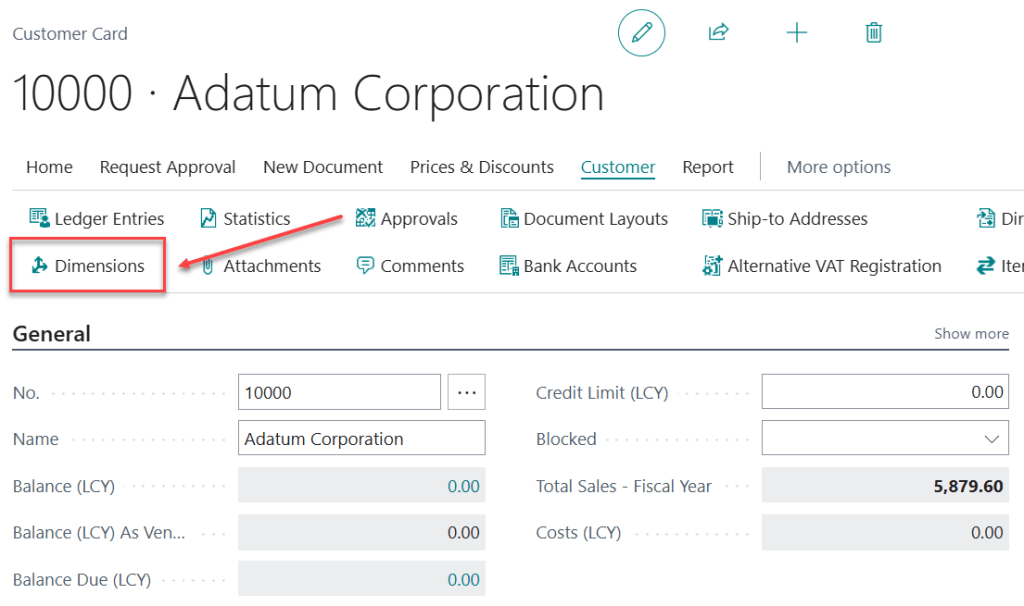 การเซตอัพ Default Dimension ใน Customer Card - Business Central