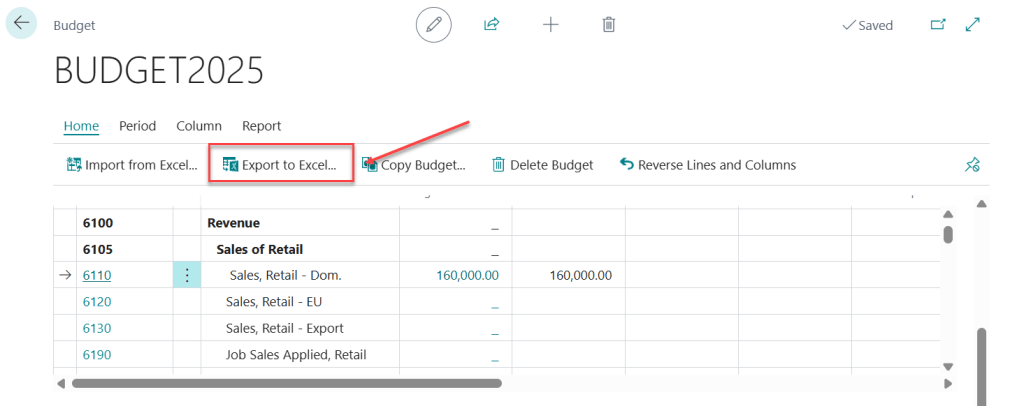 การ Export Template Excel - G/L Budget ใน Business Central