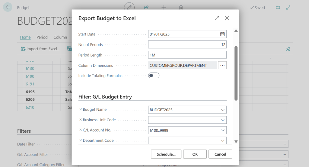 การ Export Template Excel - G/L Budget ใน Business Central