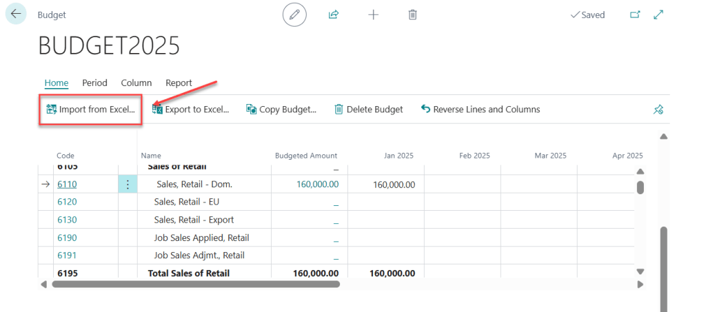 การ Import Template Excel - G/L Budget ใน Business Central