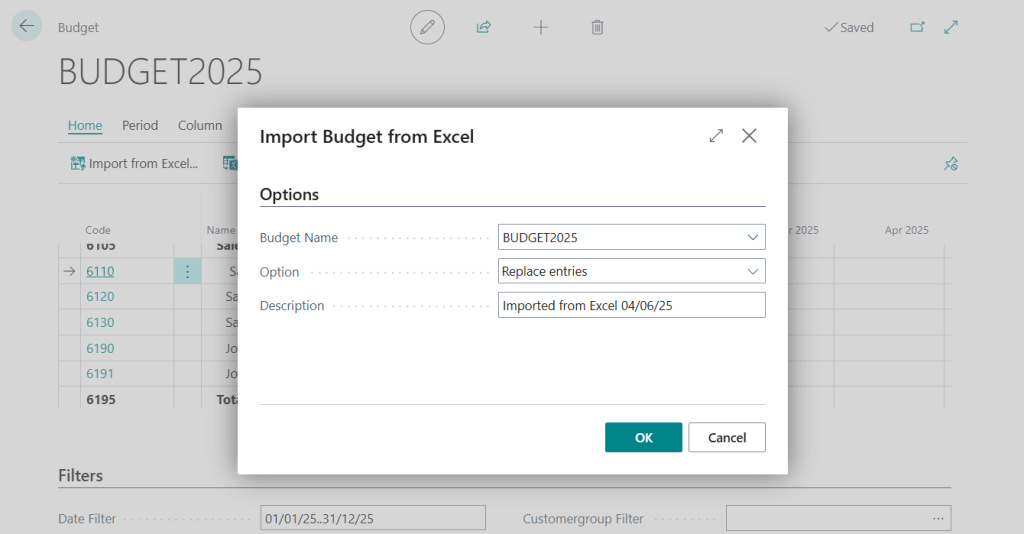 การ Import Template Excel - G/L Budget ใน Business Central