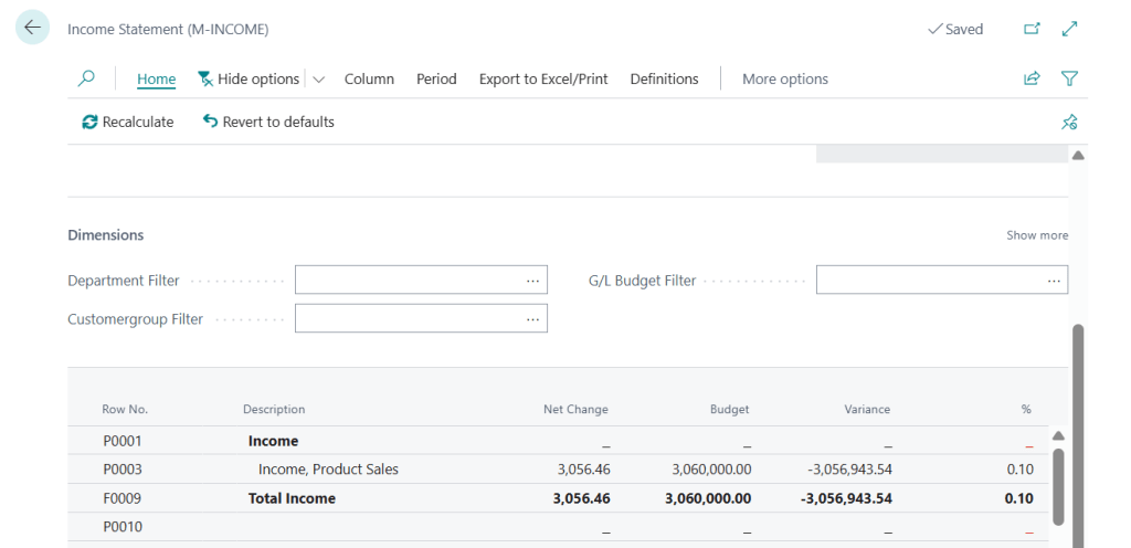 ตัวอย่างรายงาน Actual-Budget ใน Business Central