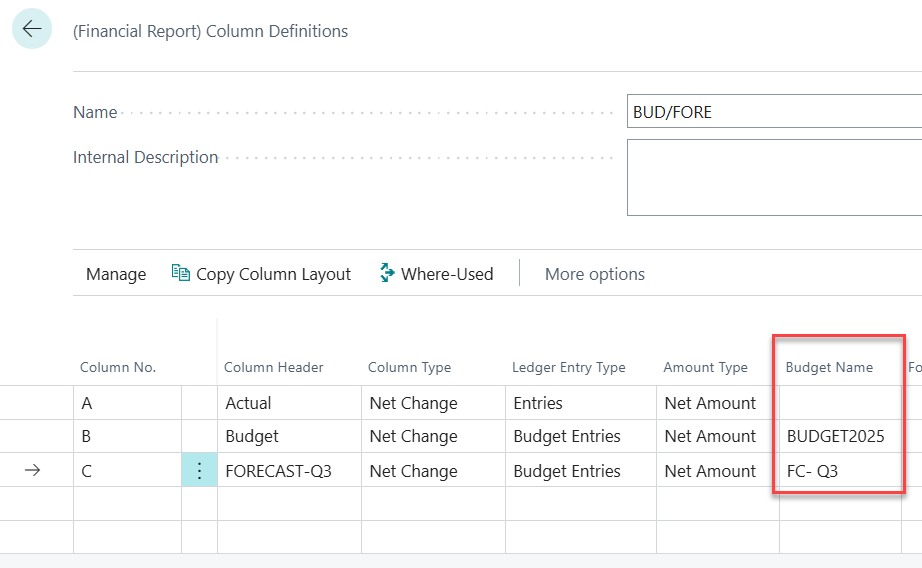 การระบุ Budget Name เพื่อสร้างรายงาน Actual-Budget ใน Business Central