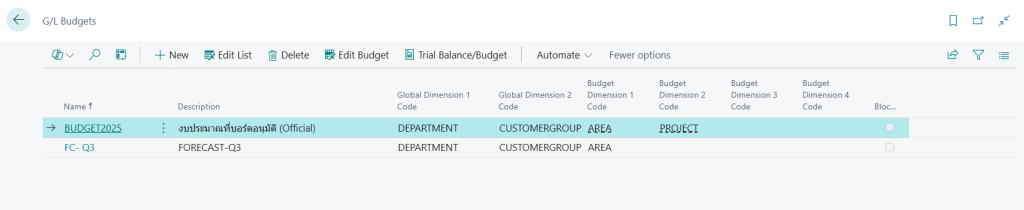 การเซตอัพ Dimension ใน G/L Budget ใน Business Central