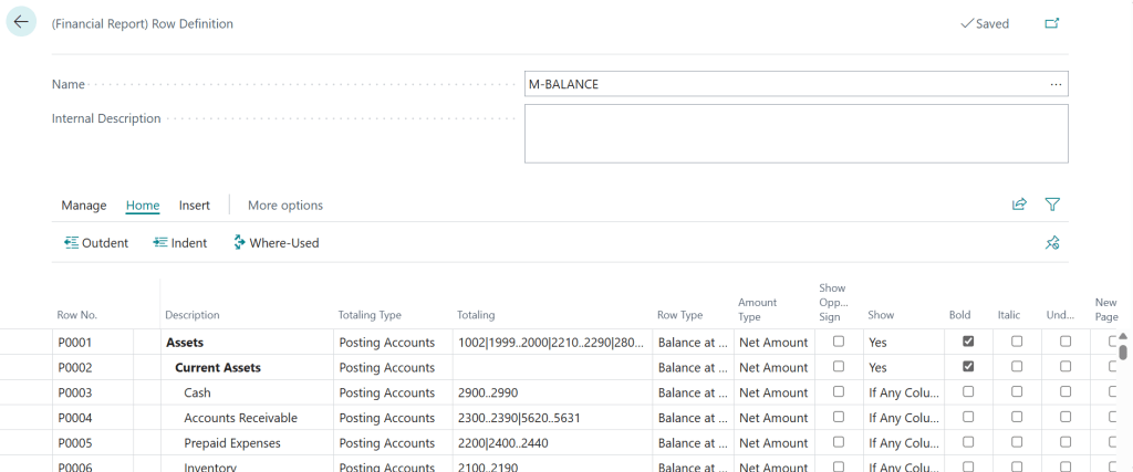 หน้าจอตั้งค่า Row Definition ใน Business Central