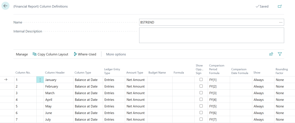 หน้าจอตั้งค่า Column Definition ใน Business Central
