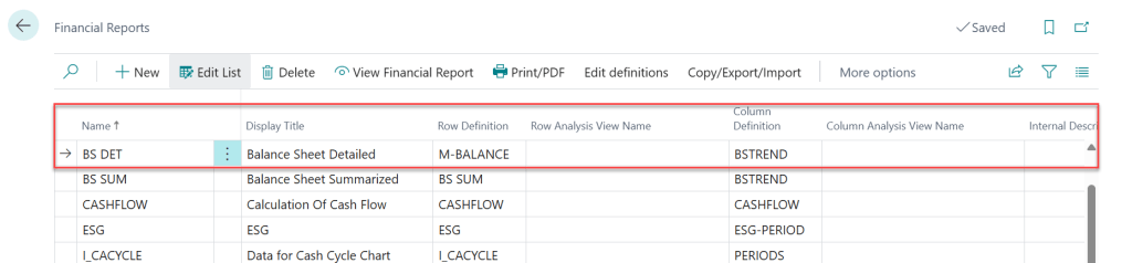 หน้าจอตั้งค่า Financial Reports ใน Business Central