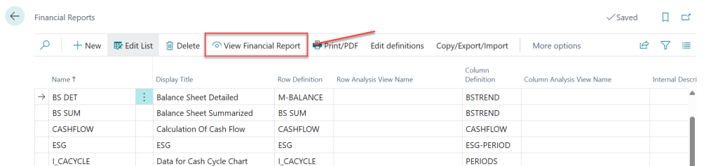การเรียกดู Financial Report ใน Business Central